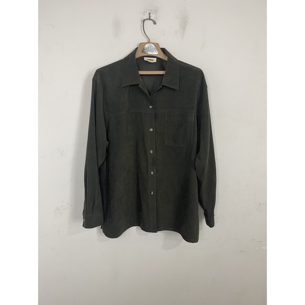 Talbots Womens Shirt Large Olive Green Long Sleeve Button Up Suede Feel Country